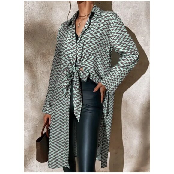 Zara Women's The Lissie Shirt Size Medium Swim Cover Up Tie Front Mint Brown NEW - Picture 2 of 12